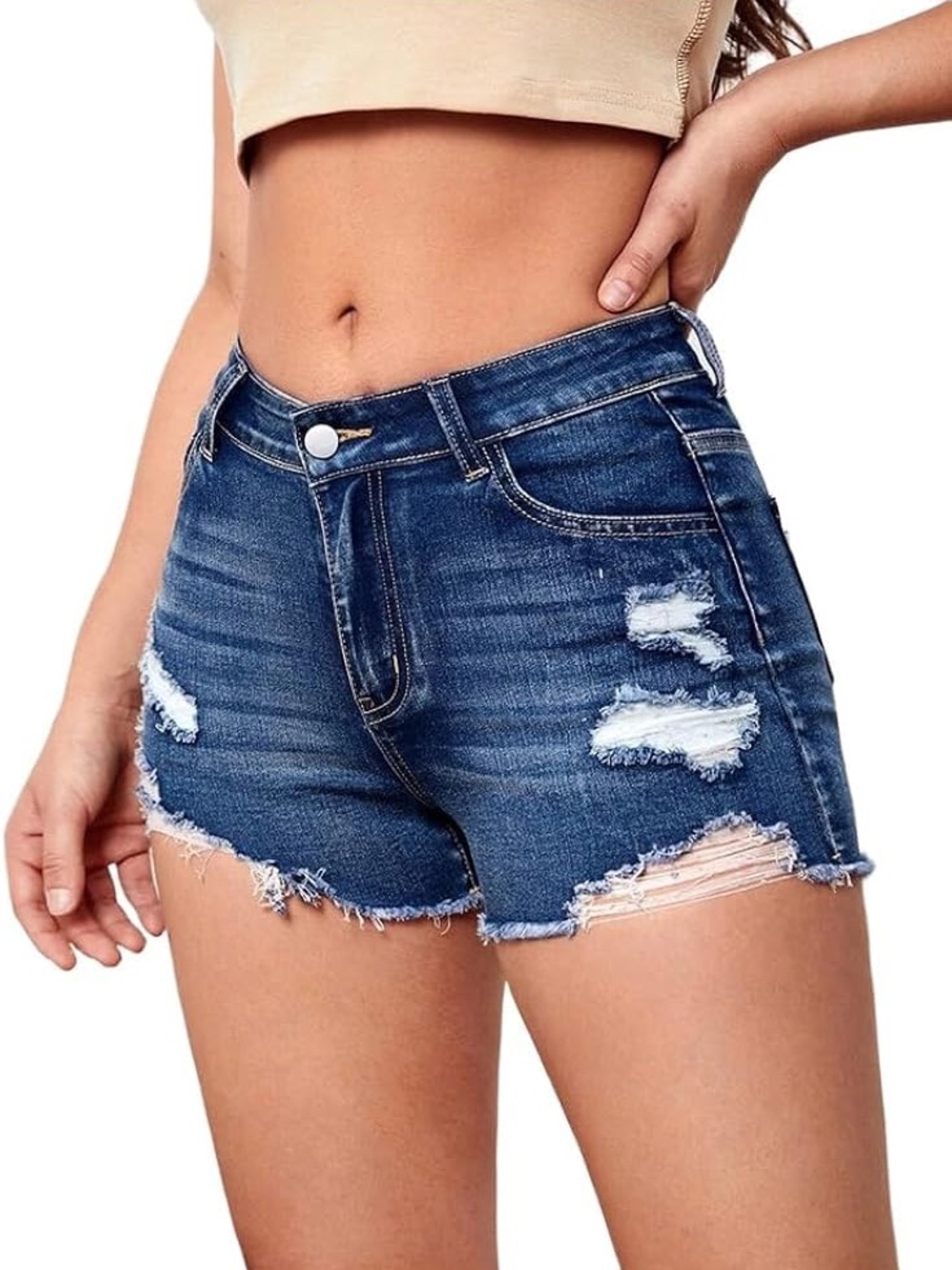 American Eagle Hi-Rise Shortie Distressed Denim Shorts Size 8 360 Stretch EUC